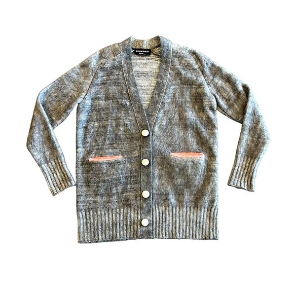 Vintage SONIA RYKIEL Gray Mohair Wool Cardigan Sweater Pink Trim Buttons Small - Picture 1 of 13